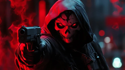 Crimson skull gunman strides through embers of a neon night.