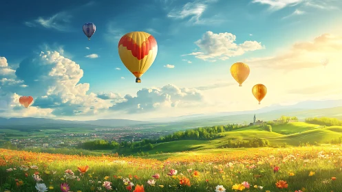 Aerostatic balloons over chromatic meadow and agrarian valley.