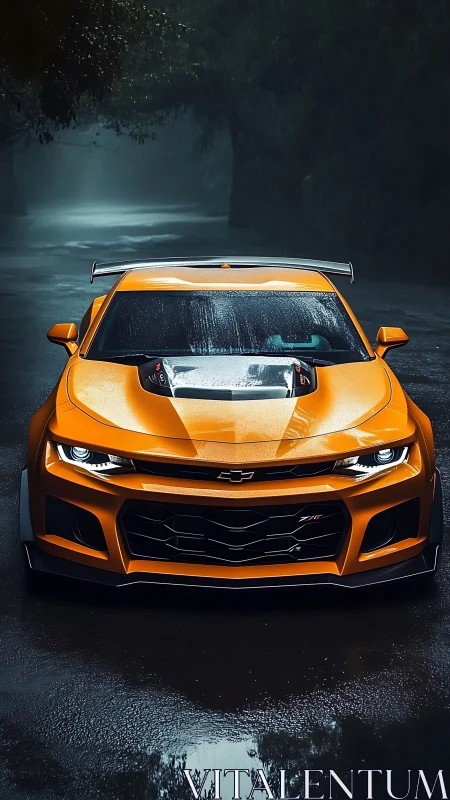 Bold orange muscle car waits in the rain for its next drive