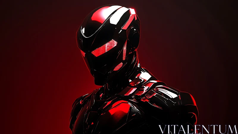 Midnight chrome android glowing in cinematic red light.
