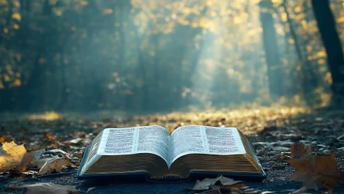 Open bible rests on forest path under soft morning light.