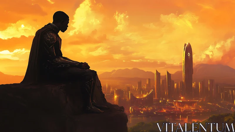 Solitary guardian overlooking a glowing sunset cityscape.