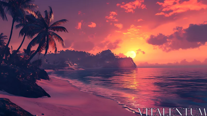 Vibrant tropical coastline renders hyperreal sunset light gradients