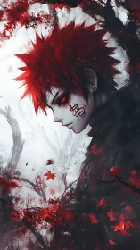 Red-eyed anime warrior in monochrome forest with crimson leaves