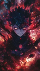 Infernal-eyed sorcerer rising through a storm of living embers.