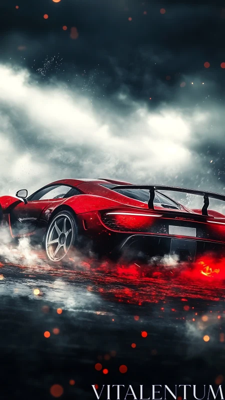 Red sports car on wet asphalt under dark cloudy sky.