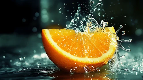 Orange slice splashing in water with sharp liquid motion.