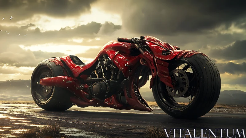 Futuristic red motorcycle on wet road under stormy sky.