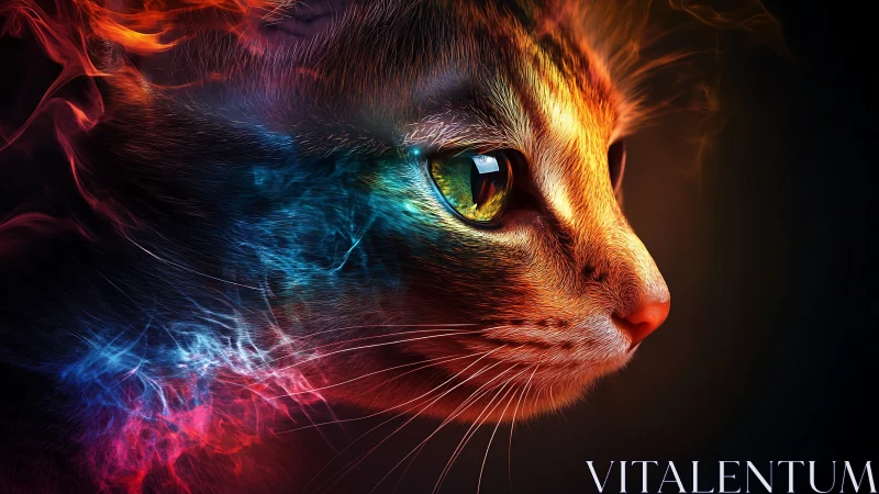 Neon-Illuminated Feline Portrait with Polychromatic Light Diffusion.