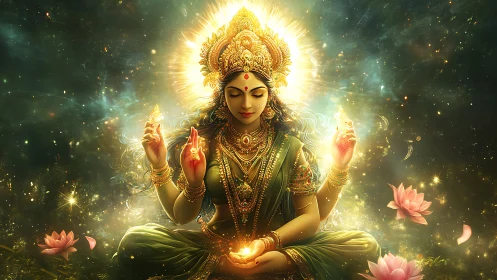 Radiant goddess meditates amid cosmic lotus light halo