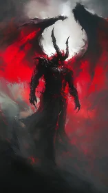 Infernal winged demon emerges in swirling red storm.