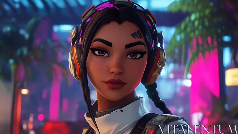 Cyber gamer heroine with neon headset and bold gaze.