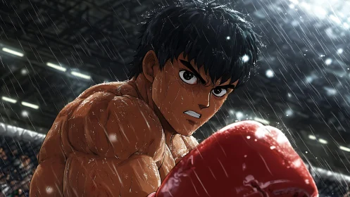 Rain-soaked boxer poised mid-match, fierce determination.