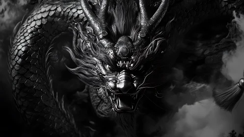 Monochrome draconic close-up in cinematic 3D relief rendering.