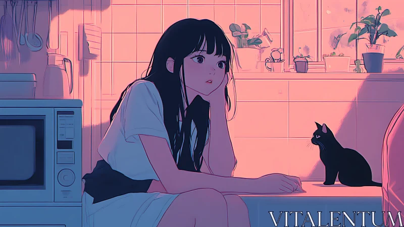 Girl in pastel kitchen watches quiet black cat at dusk