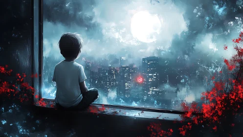 Luminous nocturne: solitary child at window over neon skyline.