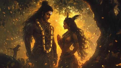 Divine figures in forest clearing with golden backlight.