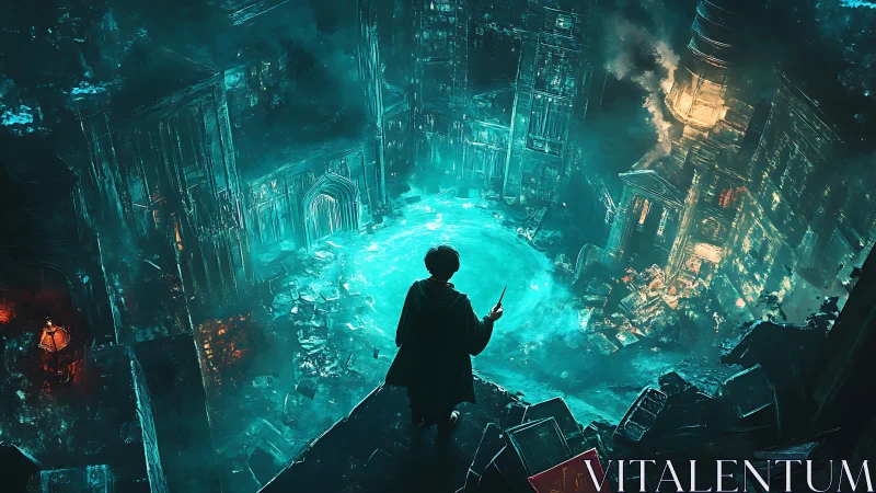 Young mage over neon abyssal library, rewriting the ruins.