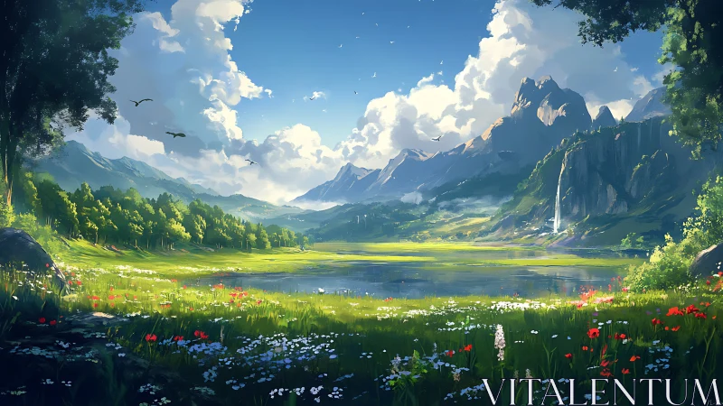 Sunlit alpine valley lake with wildflower meadow panorama