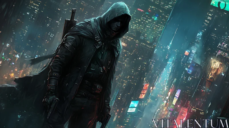 Hooded urban vigilante stalks neon rain in future skyline.