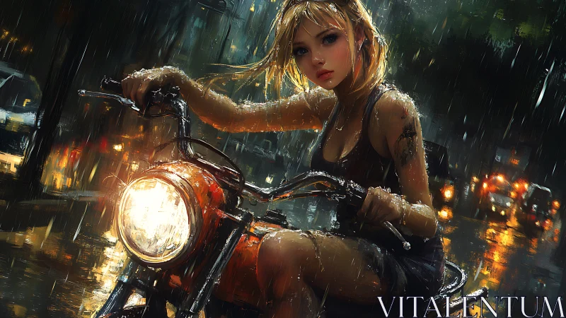 Rain-soaked street rider with luminous headlamp dynamics.