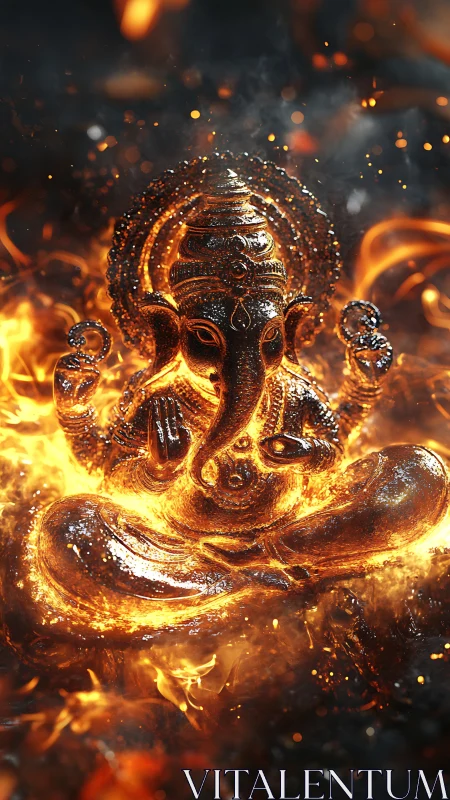 Radiant Ganesha statue glows within swirling sacred flames