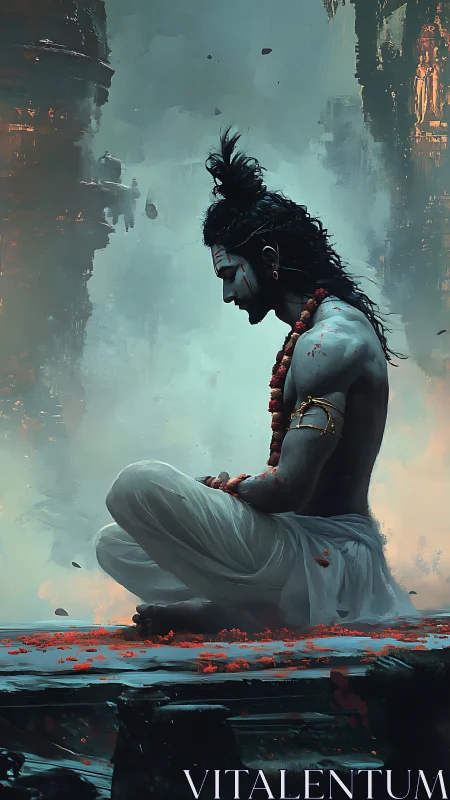 Seated figure in profile amid misted architectural forms.