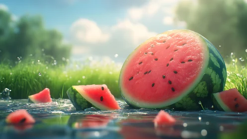 Watermelon slices on wet grass under soft outdoor light.