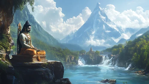 Seated deity sculpture above river, waterfalls and mountain.