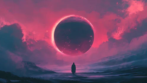 Solitary wanderer watches a glowing cosmic eclipse rise