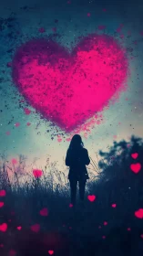 Silhouette Woman Standing in Field Beneath Glowing Heart Cloud.