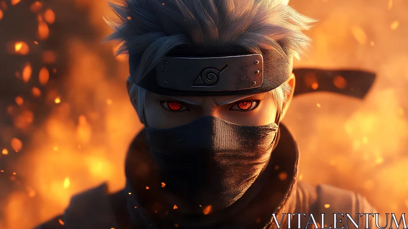 Masked silver haired ninja with red eyes in burning fire