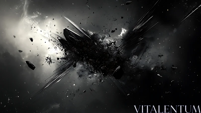 Shattered cosmic core in monochrome deep space burst.