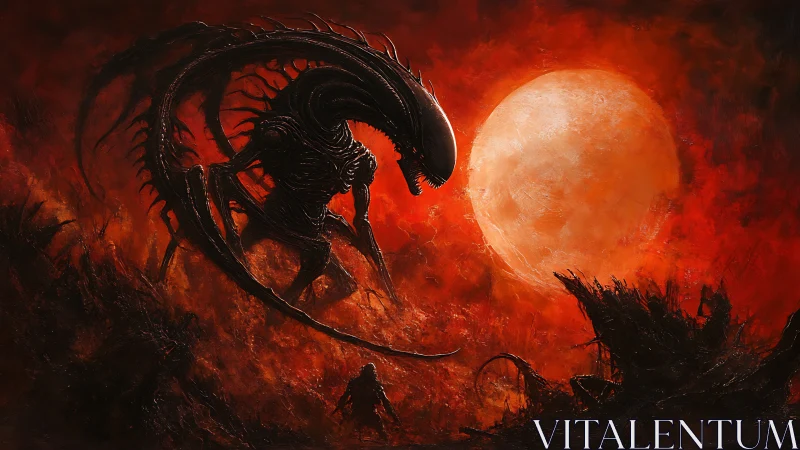 Crimson moonlight frames a towering alien beast in motion