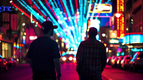 Cyberpunk street tableau with converging neon light canopy.