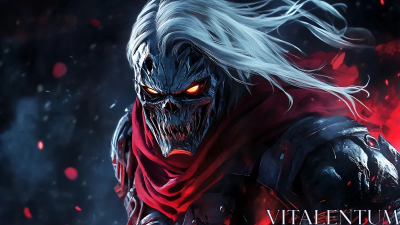 Flaming skull knight with flowing white hair in battle.