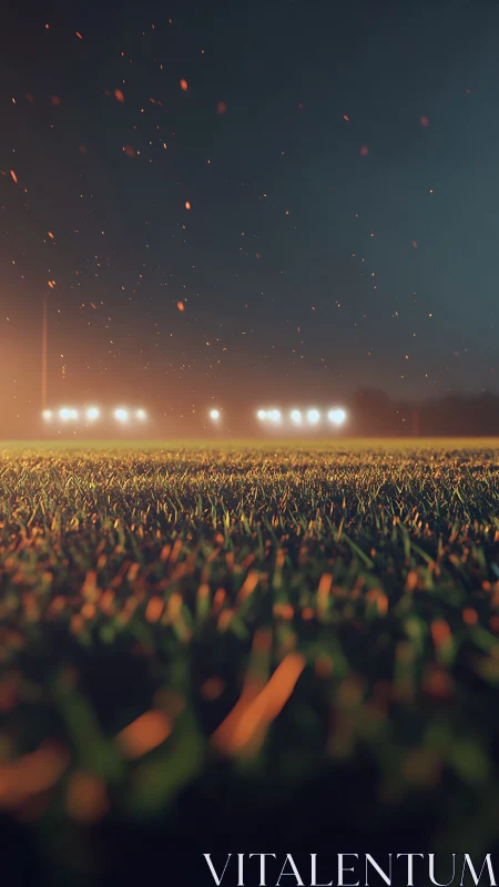 Low-angle sports field grass under stadium floodlights at night.