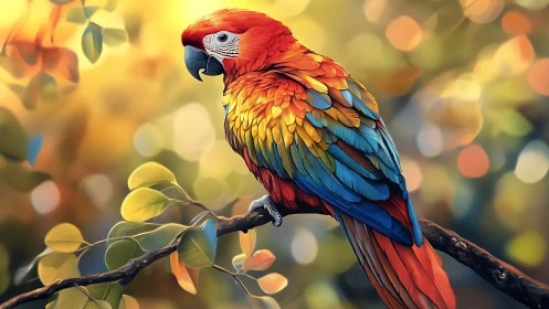 Vibrant Scarlet Macaw on Branch in Colorful Digital Art Style.