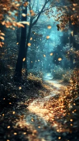 Luminous Forest Path: Bokeh-Enhanced Woodland Corridor.