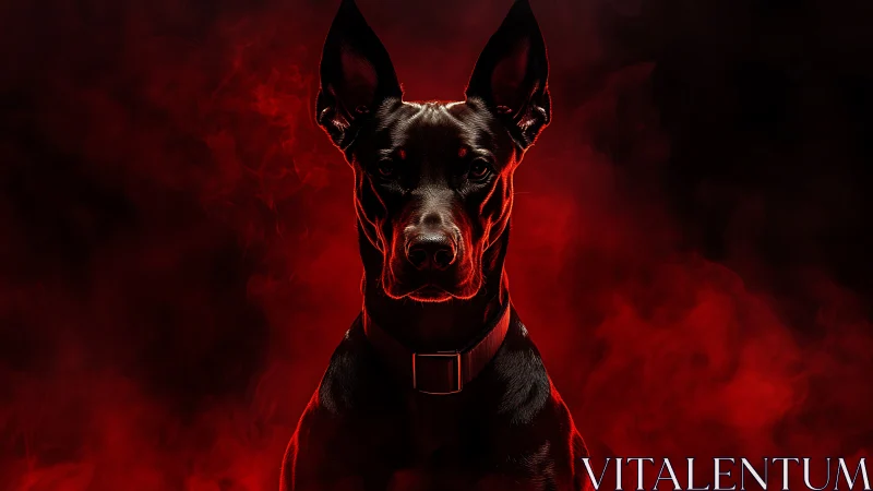 Black guard dog silhouette in dramatic red smoke portrait.