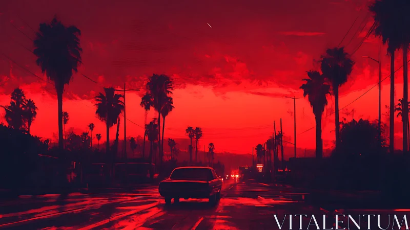 Red sunset city street with car and palm silhouettes.