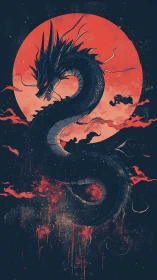 Midnight serpent dragon coils before blood-red moon.