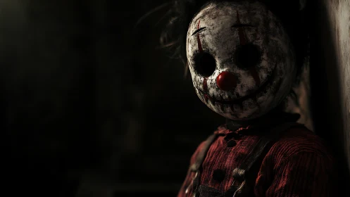 Masked clown doll figure in dim, shadowed interior setting.