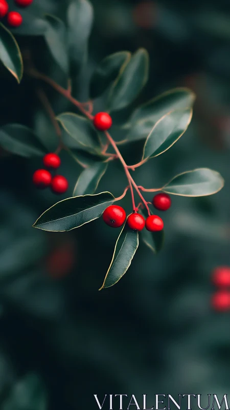 Crimson berry constellations on dusk-deep green leaves.