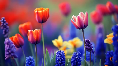 Vibrant Spring Garden with Blooming Tulips and Hyacinths