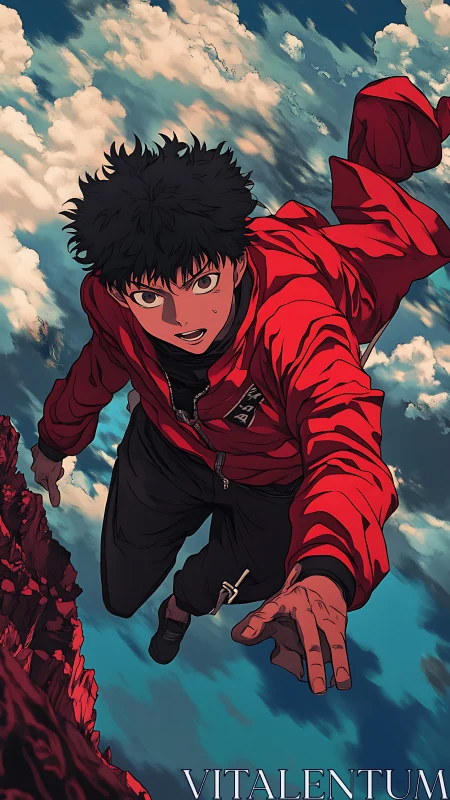 Male figure in red jacket suspended above rocky cliff.