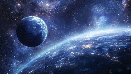 Planet and illuminated horizon in deep blue outer space.