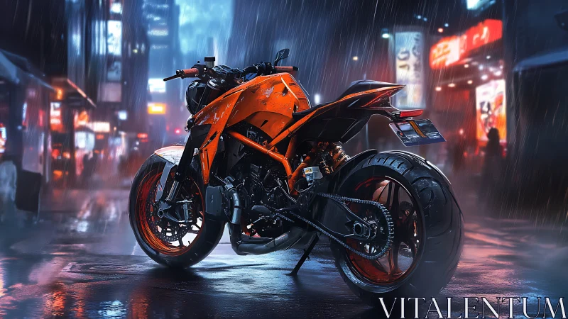 Bold orange street motorcycle glowing in rainy neon city.
