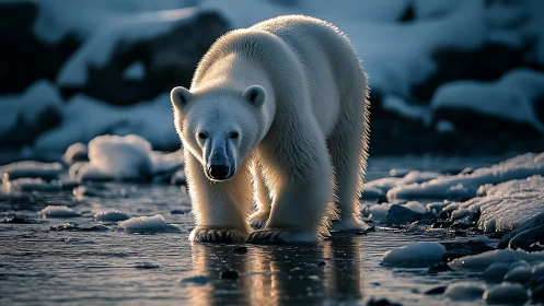 Polar bear strides across sunlit Arctic shoreline ice