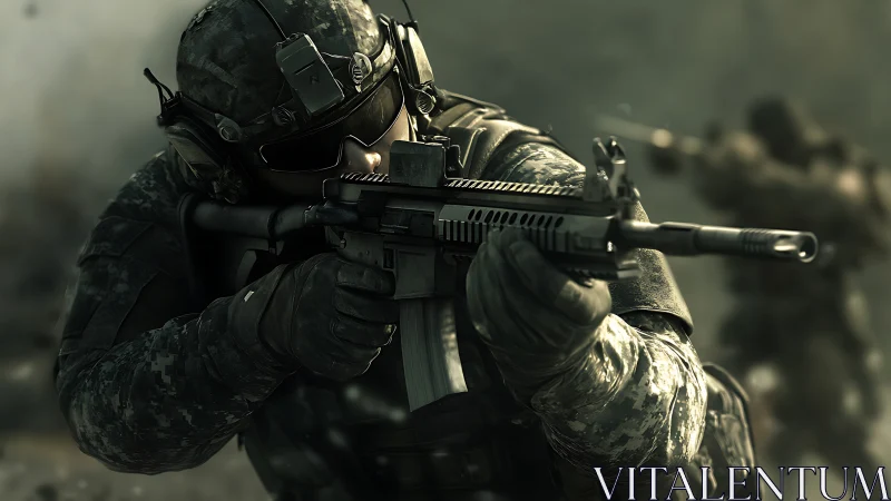 Tactical operator with carbine in dynamic combat posture.